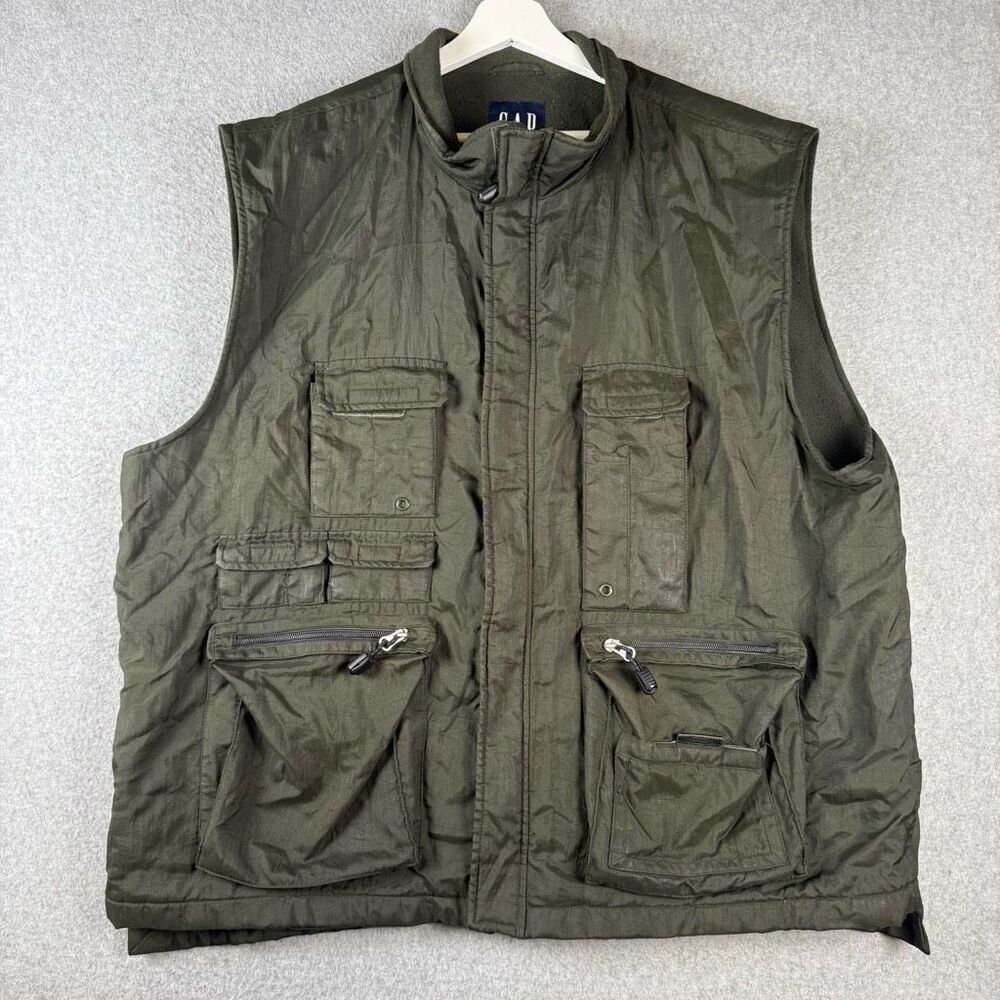 Gap Mens XXL Full Zip Front Nylon Fishing Vest Olive Green Pockets Sleeveless